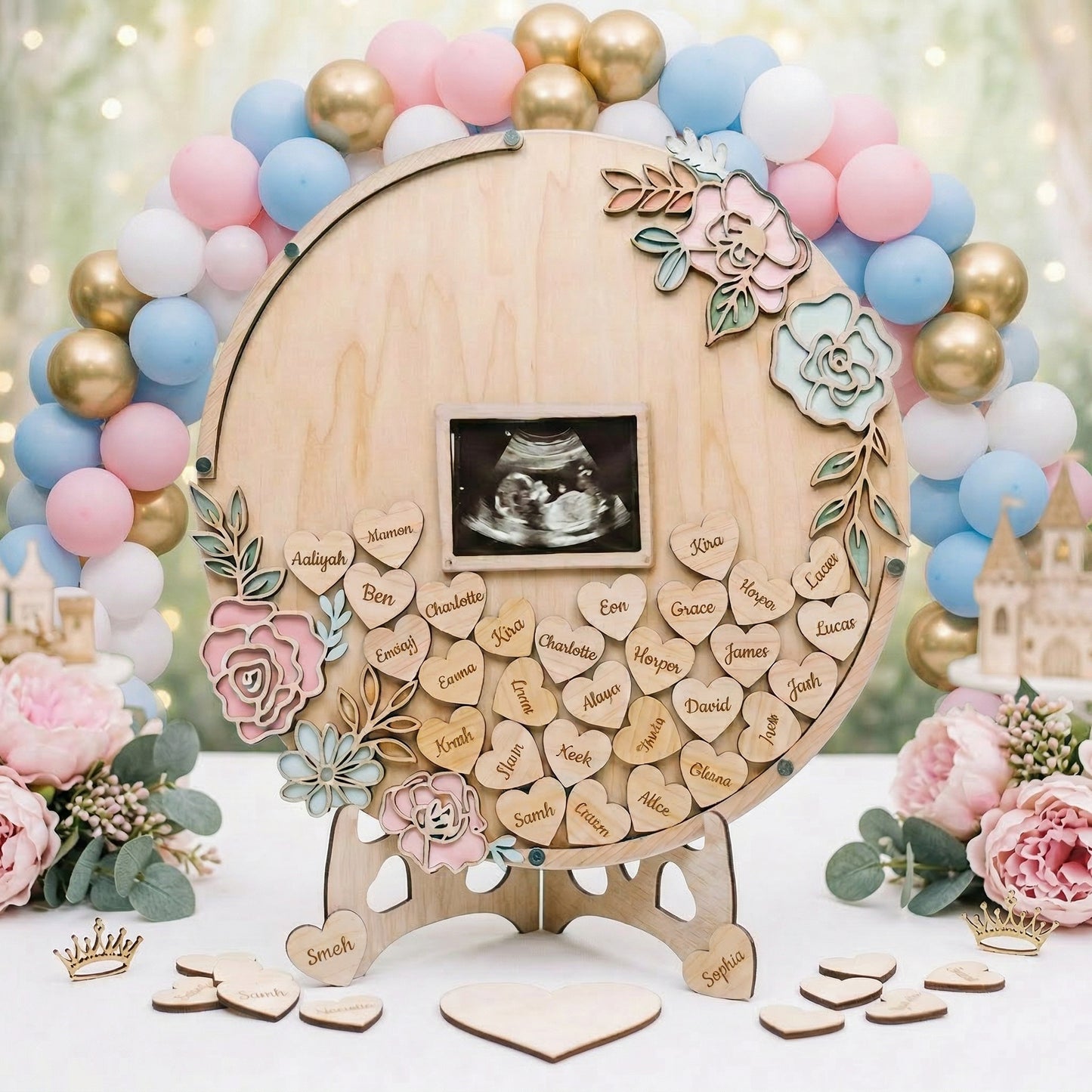 Baby in Bloom Baby Shower Guest Book Alternative – Wildflower Keepsake Frame with Wooden Heart Tokens