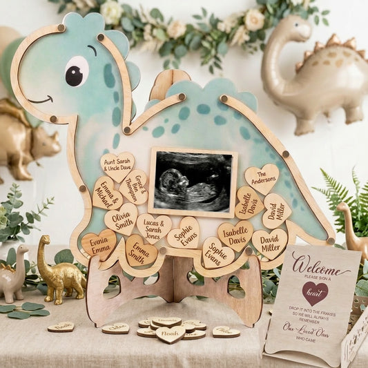Dinosaur Guest Book Alternative Keepsake Frame - Baby Shower - Birthdays - Gender Reveal - Decorations - Premium Wooden Shadow Box Nursery Decorations - Gift Idea - Wooden Tokens and Token Sign Box Included - OneASaurus Theme